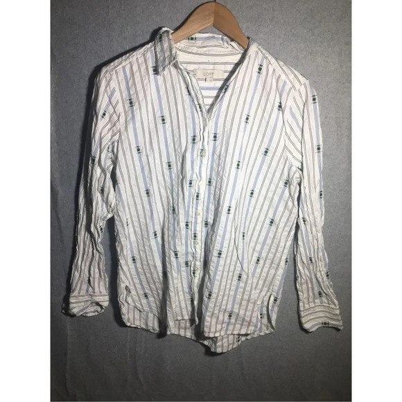 Womens Loft Button Up Shirt Square Detailing Cotton Novelty Print Striped Basic - Picture 1 of 4